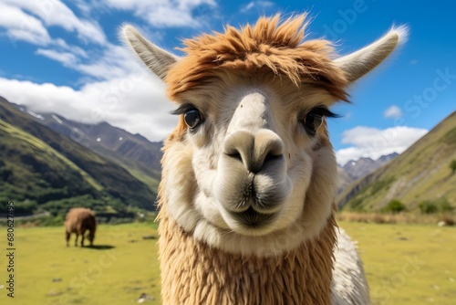 a llama standing on top of a lush green field Generative AI