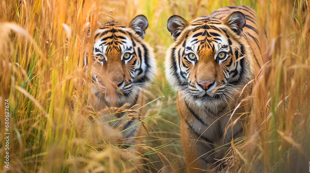 Tiger in Tall Grass - obrazy, fototapety, plakaty 