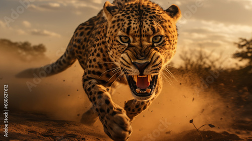 Deadly Strike: Ferocious Cheetah with Extended Claws Running for the Attack, Generative AI