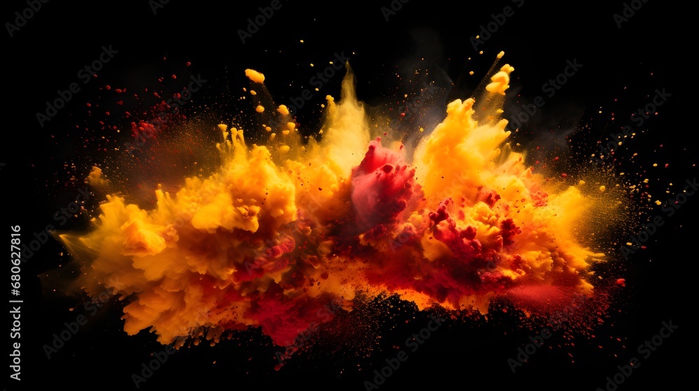 a red and yellow explosion of powder on a black background Generative AI