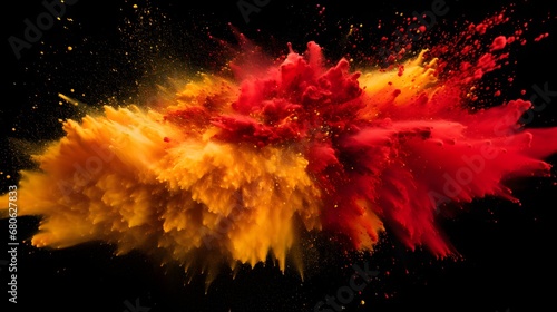 a red and yellow explosion of powder on a black background Generative AI