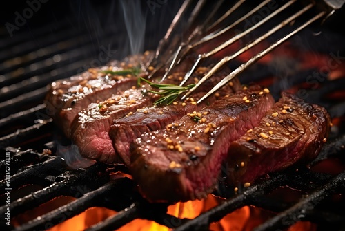 a steak being cooked on a grill with tongs Generative AI photo
