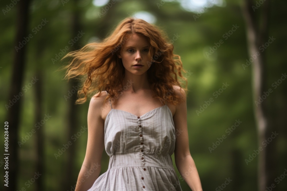 Portrait of an elegant woman walking in the woods in a beautiful sundress. Generative AI.