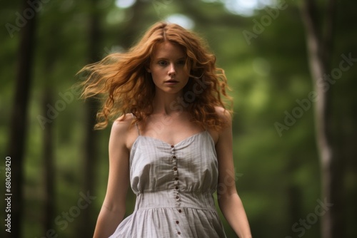 Portrait of an elegant woman walking in the woods in a beautiful sundress. Generative AI.