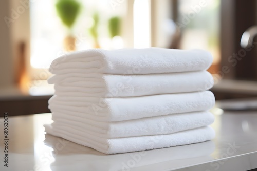 a stack of white towels sitting on top of a counter Generative AI
