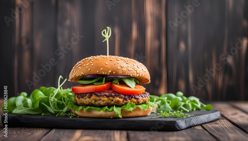 fresh and tasty veggie burger on a black wooden background. veganburger. photo