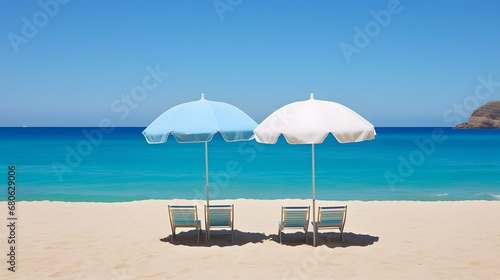 two chairs and an umbrella on a beach Generative AI © Bipul Kumar