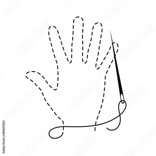 Silhouette of hand with interrupted contour. Vector illustration of handmade work with embroidery thread and sewing needle on white background.	