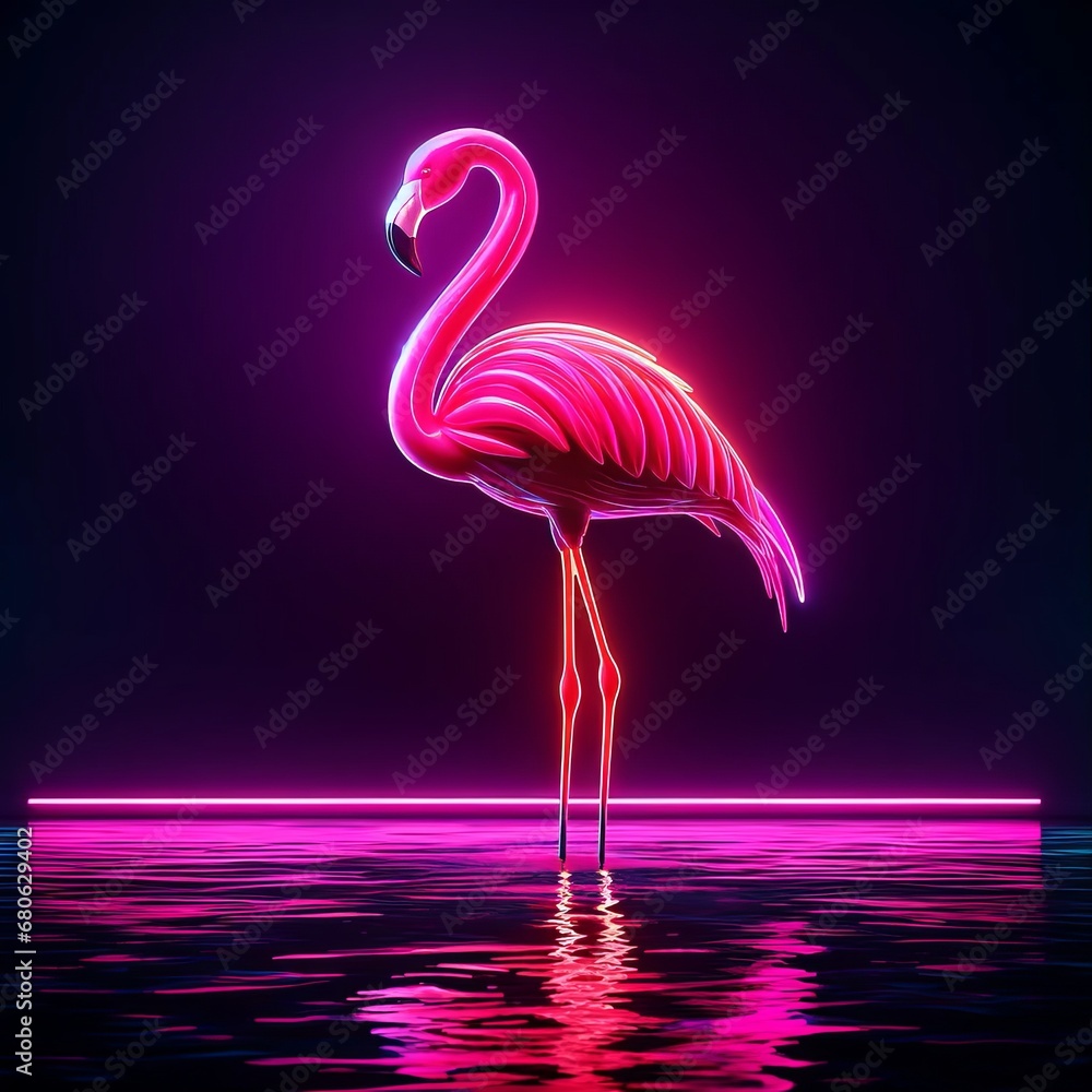 Fototapeta premium Graceful Neon Flamingo in Vibrant Pink Against Dark Water