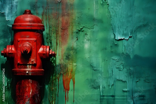 a red fire hydrant sitting next to a green wall Generative AI