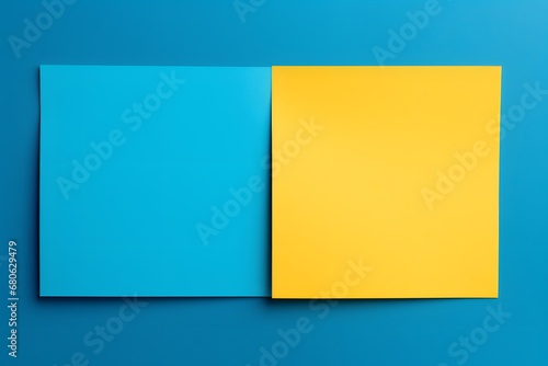 two yellow and blue sheets of paper on a blue surface Generative AI