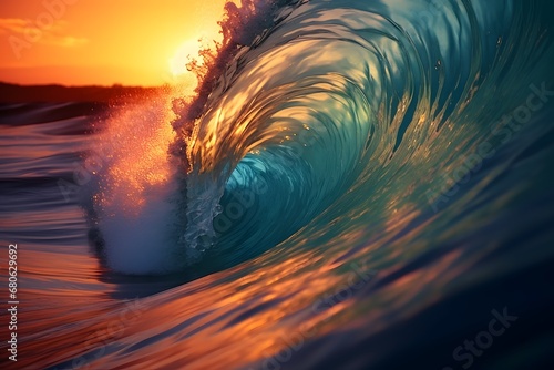 a close up of a wave in the ocean at sunset Generative AI