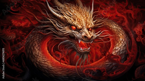 Illustration of a fantasy chinese dragon with red color theme