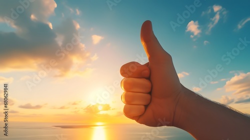 a person giving a thumbs up with the sun in the background Generative AI