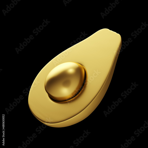 Gold avocado emoji isolated on black background. Creative minimal design art. 3d illustration.