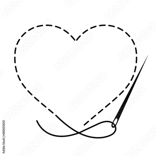Silhouette of heart with interrupted contour. Vector copy space illustration of handmade work with embroidery thread and sewing needle on white background.	