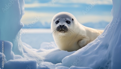 A Curious Harp Seal Gazing Out of a Snowy Hole