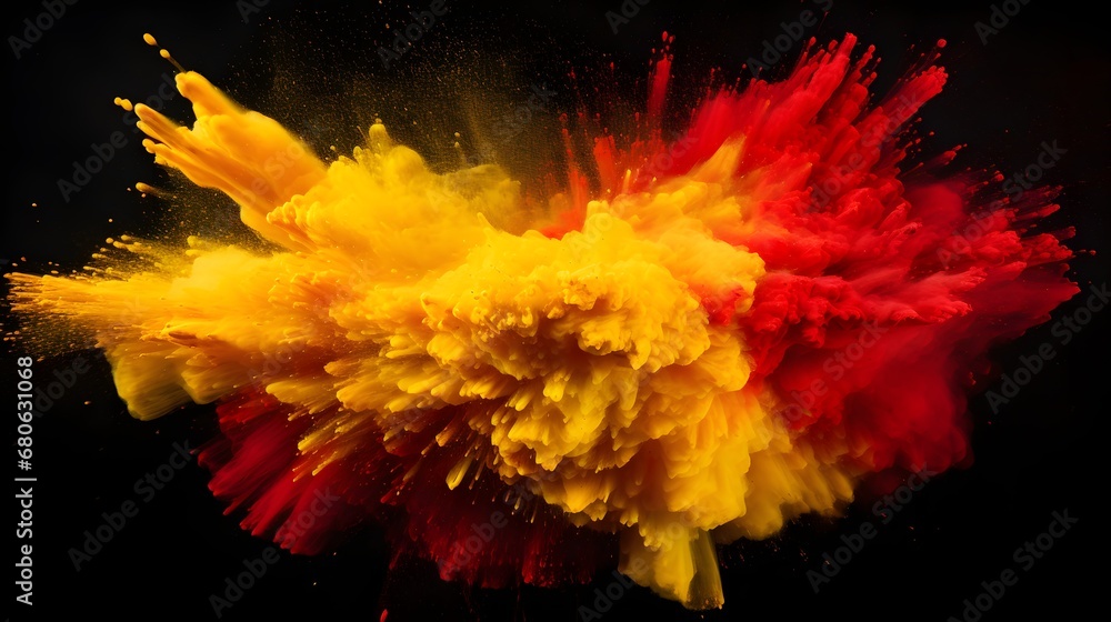 a red and yellow explosion of powder on a black background Generative AI - obrazy, fototapety, plakaty 