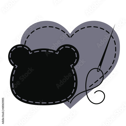Silhouette of heart and bear head with interrupted contour. Vector illustration of handmade work with embroidery thread and sewing needle on white background	