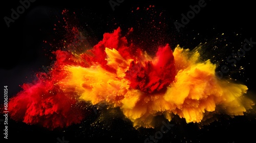 a red and yellow explosion of powder on a black background Generative AI