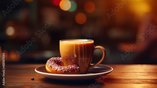  a donut on a plate next to a cup of coffee and a donut with a bite taken out of it sitting on a saucer on a table.
