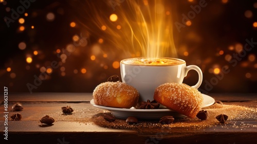  a cup of coffee and two donuts on a saucer with cinnamon sprinkles on a wooden table in front of a blurry background of lights.