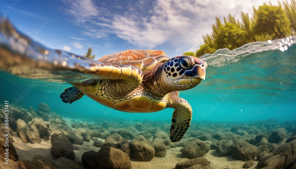 Obraz premium A Majestic Green Sea Turtle Gliding Through the Crystal Clear Waters of the Ocean