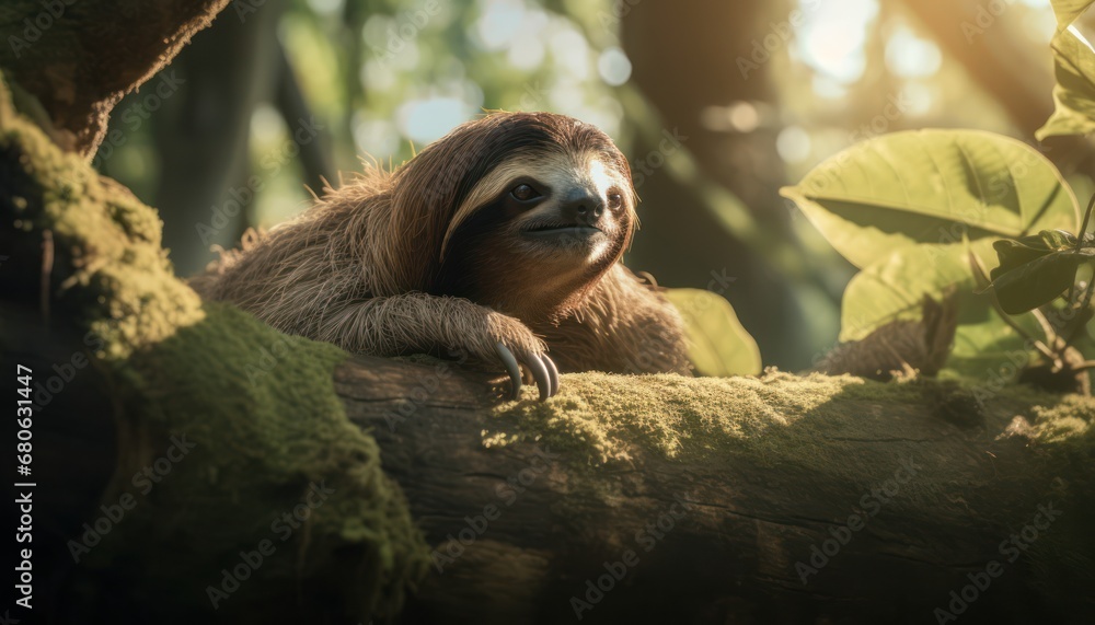 Fototapeta premium A Serene Sloth Perched on a Lush Forest Tree Branch