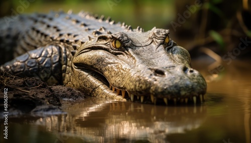 An Saltwater Crocodile's Intense Gaze Reflecting in the Water