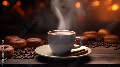  a cup of coffee sitting on top of a saucer next to a plate of doughnuts on a table with coffee beans and cinnamons in the background.