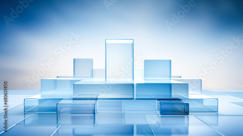 Creative abstract podium, empty stage made of transparent material, blue background. Minimalism, modern showcase
