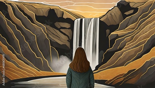 Artwork of a Woman Gazing at a Majestic Waterfall