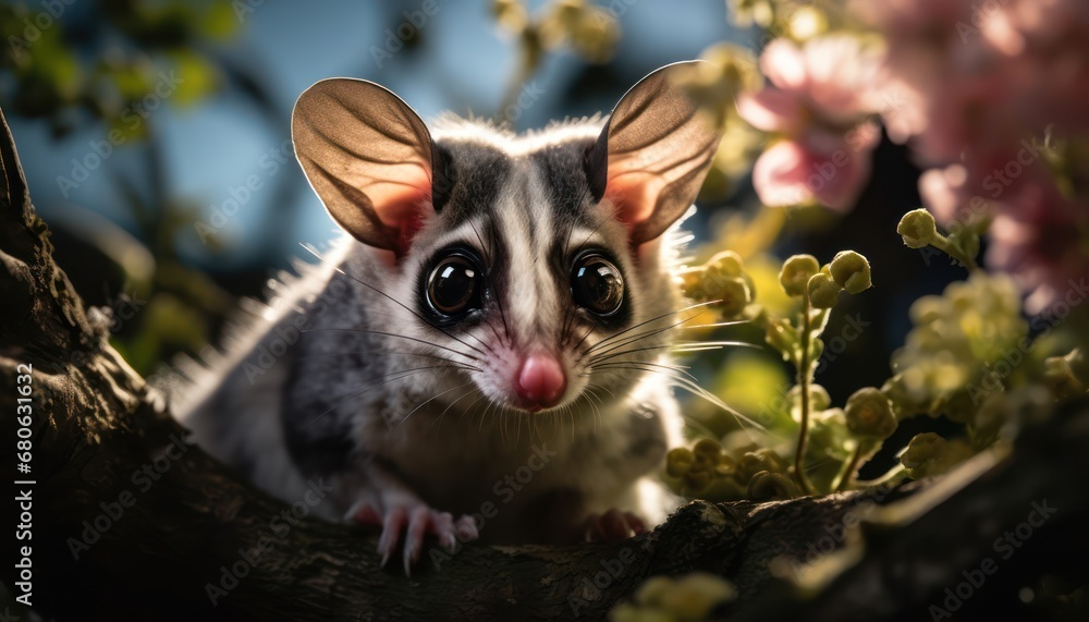 Obraz premium A Curious Sugar Glider Peeking Through Autumn Foliage