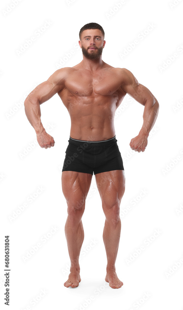 Young bodybuilder with muscular body on white background