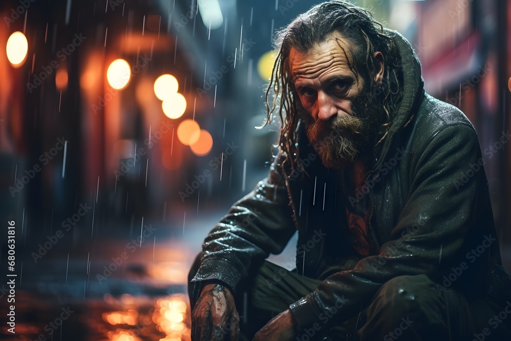 a man sitting on the ground in the rain Generative AI a man sitting on the ground in the rain Generative AI