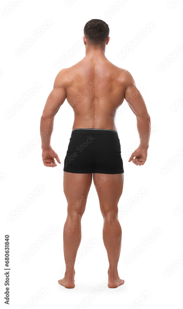 Young bodybuilder with muscular body on white background, back view
