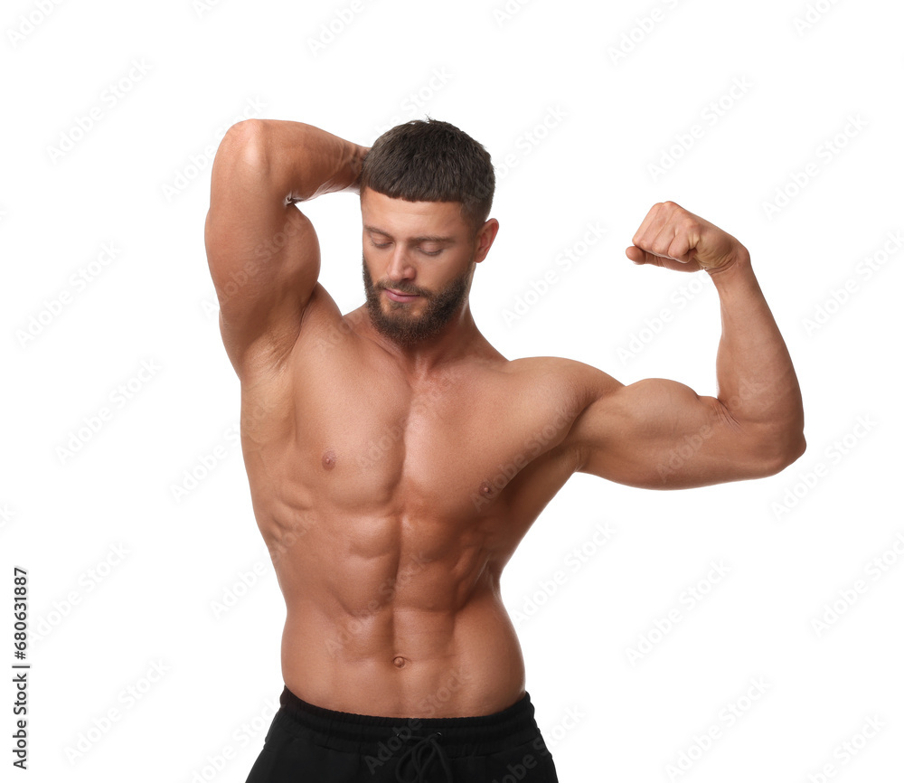 Young bodybuilder with muscular body on white background