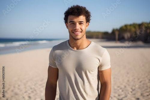 a young man standing on top of a sandy beach Generative AI