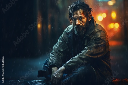 a man sitting on the ground in the rain Generative AI
