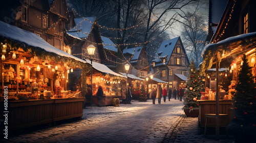 People walk through a Christmas market in winter, Marché de Noël en ville, décors lumineux et festivités d'hiver, évènement de fin d'année, Christmas Market Medley: Vibrant and Eclectic Stalls Decke