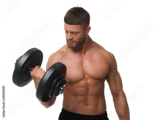 Young bodybuilder exercising with dumbbell on white background