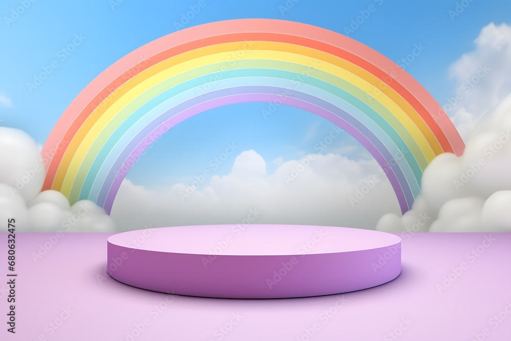 a pink platform with a rainbow in the background Generative AI