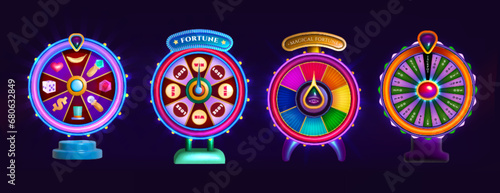 Glowing wheel of fortune for lottery game or casino realistic 3d vector illustration. Lucky roulette, game spin for win prize. Gambling lottery, leisure jackpot elements on dark background.