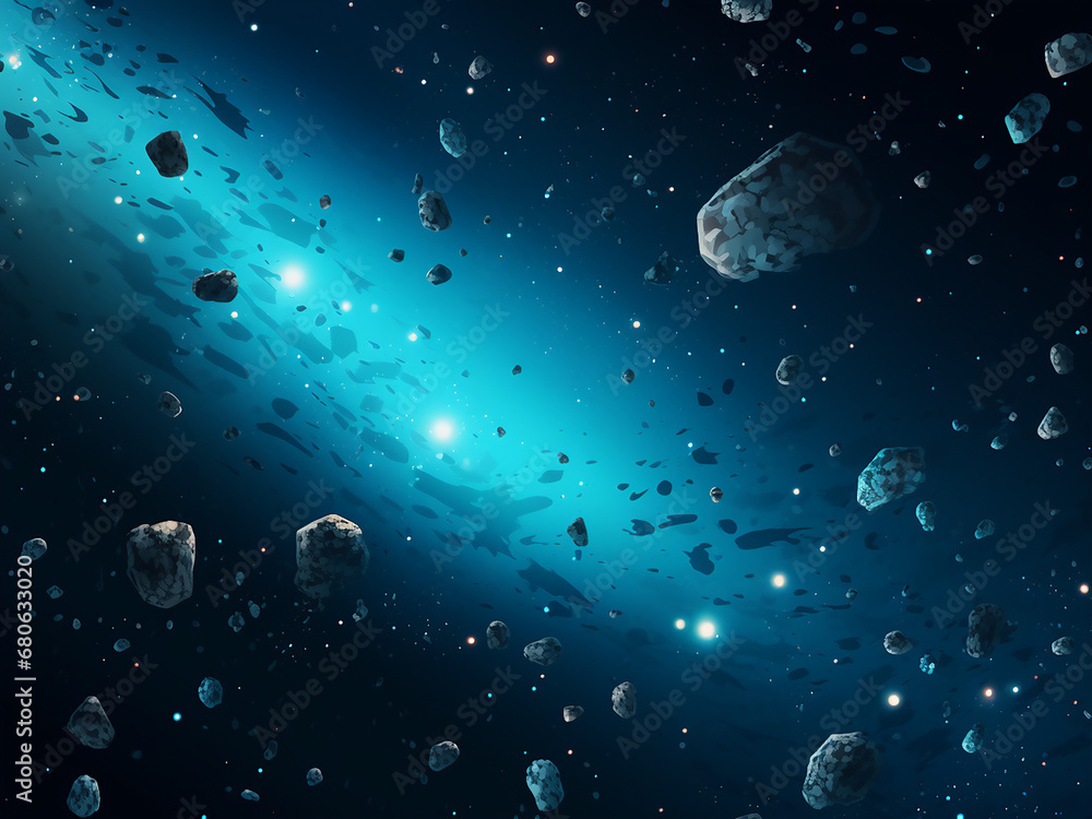 Cosmic asteroids shimmering in deep blue. AI Generation. Cosmic asteroids shimmering in deep blue. AI Generation.
