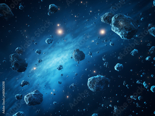 Cosmic asteroids set in a blue space. AI Generation.