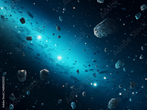 Cosmic asteroids shimmering in deep blue. AI Generation. © Llama-World-studio
