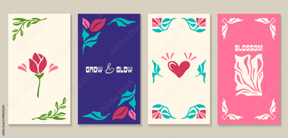 Abstract floral posters set with flowers and leaves in matisse minimal style. Modern naive groovy interior decorations. Trendy botanical wall arts, frames with floral design vector illustration.
