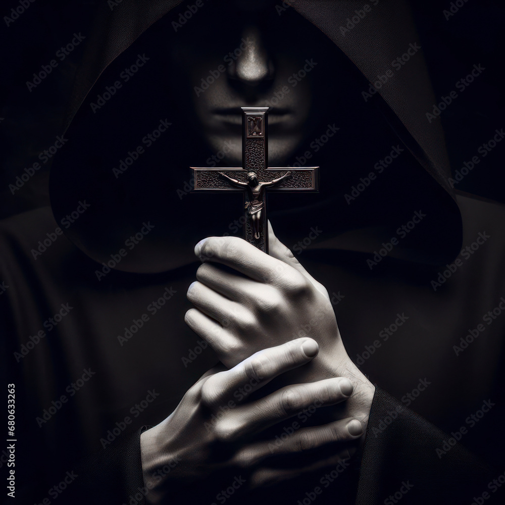The priest holds the cross on black background. ai generative - obrazy, fototapety, plakaty 