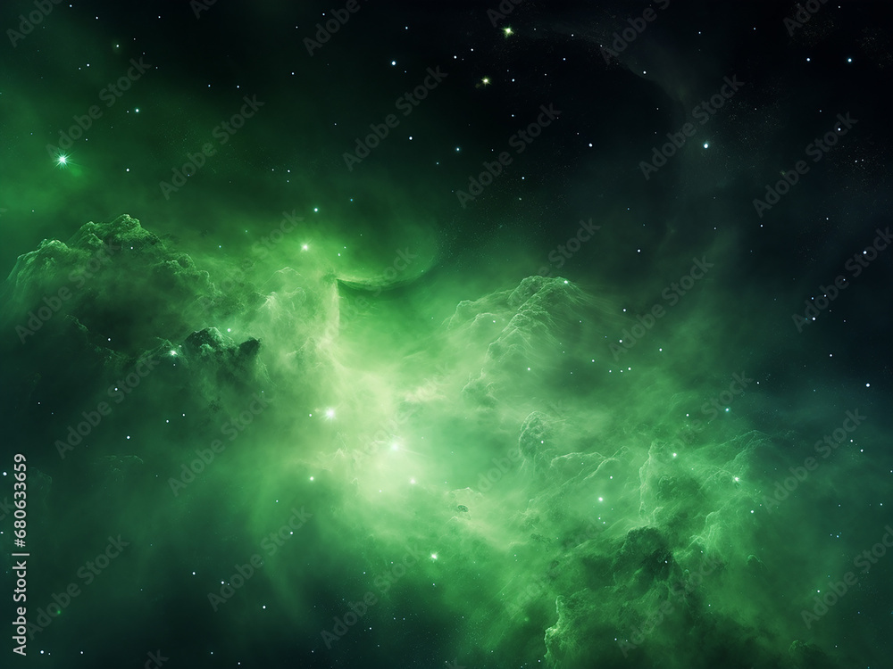 Green cosmic nebulae painting the galaxy. AI Generation.