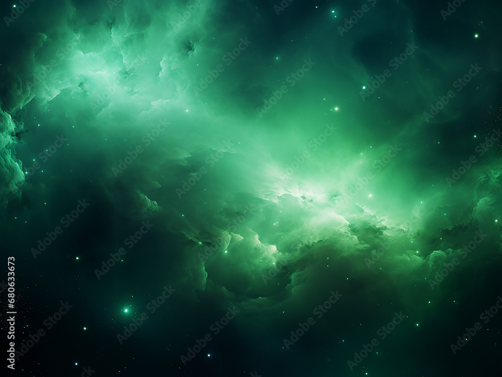 Fototapeta premium Green cosmic nebulae illuminating space. AI Generation.